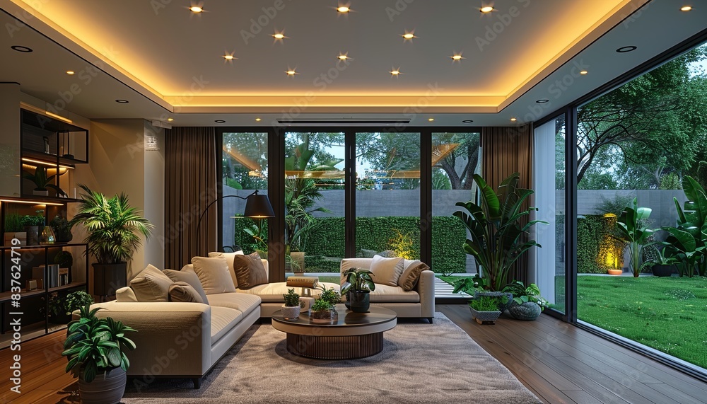 A living room with a large window and a green plant in a pot