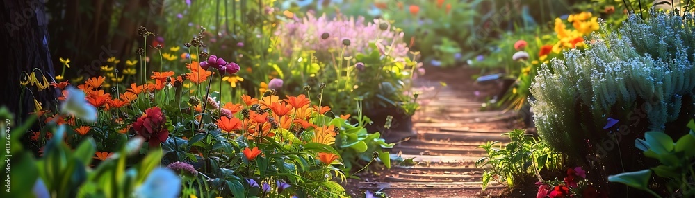 a colorful array of flowers, including purple, red, orange, and yellow blooms, adorn a path in a garden a colorful array of flowers, including purple, red, orange, and yellow blooms, adorn a path in a garden