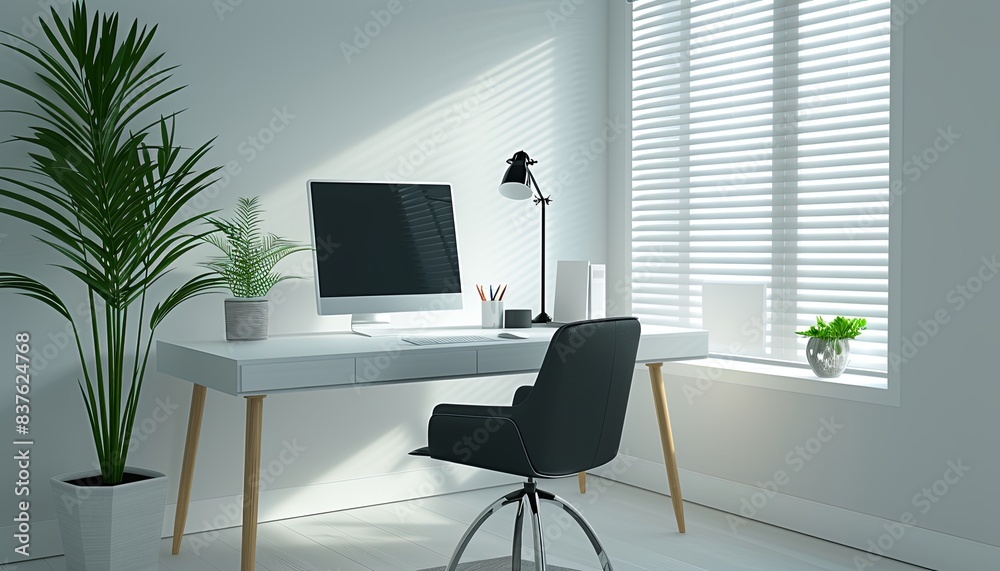 A white desk with a black chair and a computer monitor A white desk with a black chair and a computer monitor