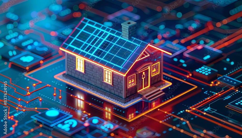 A house is shown in a computer-generated image, with a bright blue roof A house is shown in a computer-generated image, with a bright blue roof