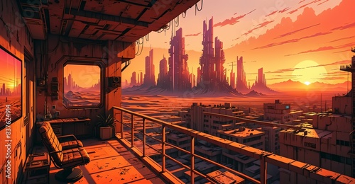 desert cyberpunk wasteland lo-fi sci-fi post apocalyptic city balcony terrace view from skyscraper building at sunset. landscape cityscape cyber town slum ghetto.