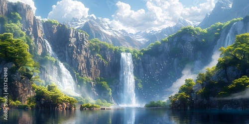 Majestic Mountain Cliffs with Cascading Waterfall Tranquil Natural Landscape