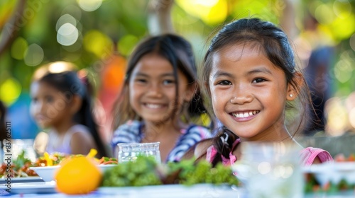 A group of young girls are sitting at a table with food in front of them