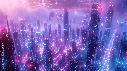 Glowing Futuristic Metropolis with Vibrant Neon Cityscape and Advanced Technological Infrastructure at Night