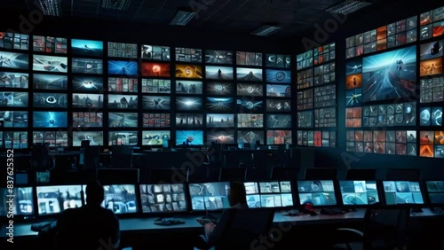 A dark room filled with video screens showing various security camera feeds. photo