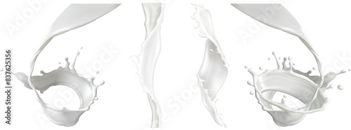Set of Delicious Close-up High-Quality 3D Rendering Milk Pouring Swirl Splash, Splash of Milk and Cream, Dynamic State Isolated mockup for graphic design, Cut out, isolated on transparent background.