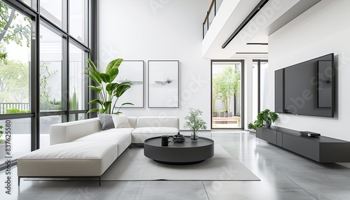 A modern living room with a white couch  a black coffee table