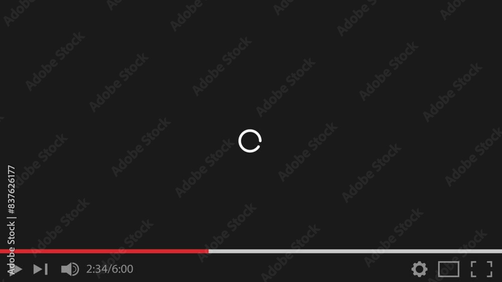 YouTube video player screen loading footage due to slow internet speed. Loading circle animation. Download data