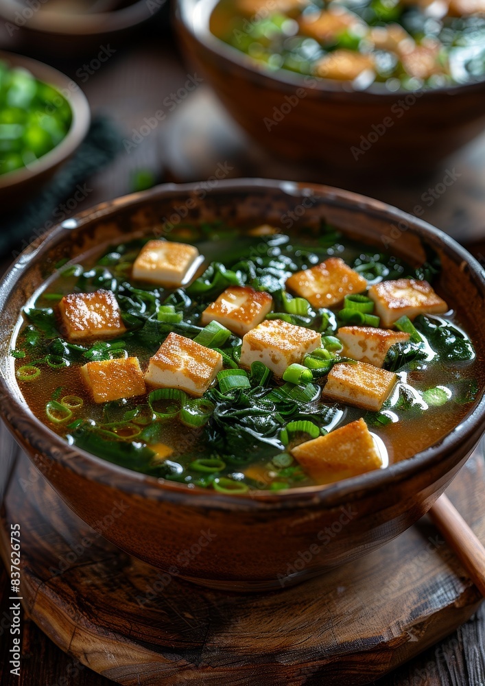 Miso Soup - Traditional soup with tofu, seaweed, and green onions. Miso Soup - Traditional soup with tofu, seaweed, and green onions.