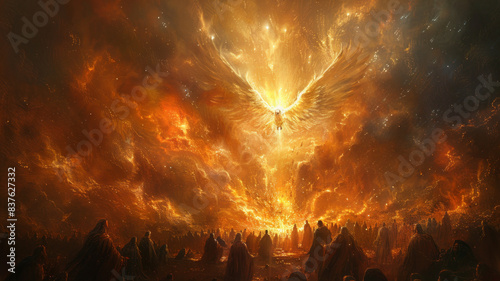 Pentecost. The descent of the Holy Spirit on the followers. People in front of a bright fire with white dove. Digital painting.generative ai