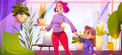 Happy mother and daughter holding hands at home. Vector cartoon illustration of woman and little girl smiling, family spending time together, many flower pots in sunny apartment, city view in window