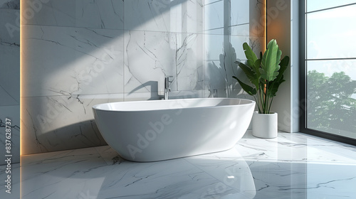 modern bathroom interior and white bathtub with a plant