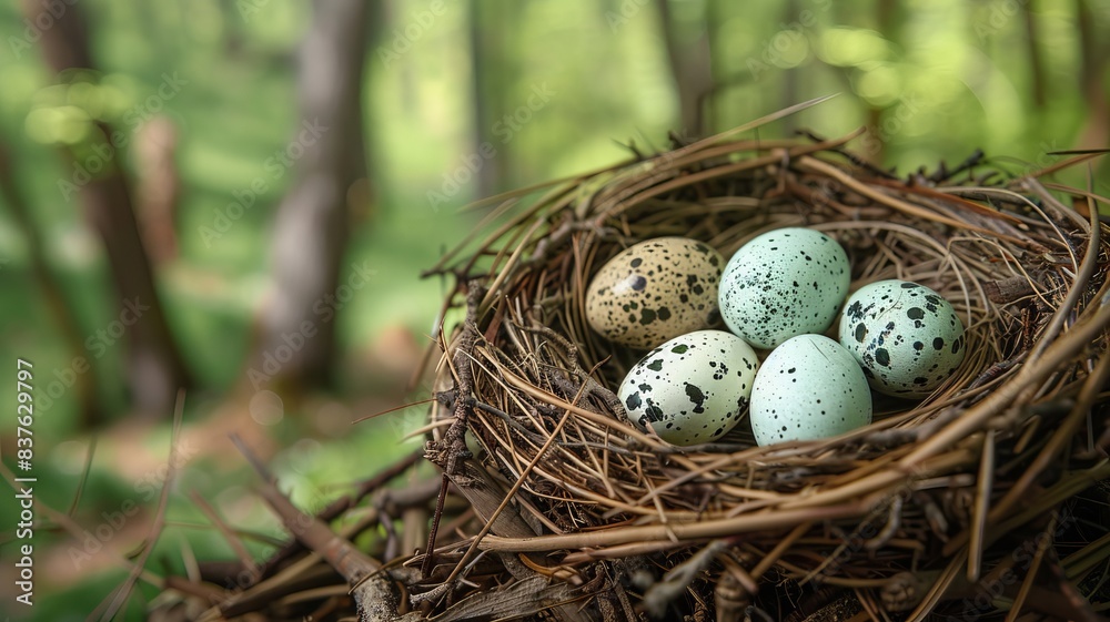 Close-up of a bird's nest with colorful eggs in a serene forest setting, symbolizing nature and spring.