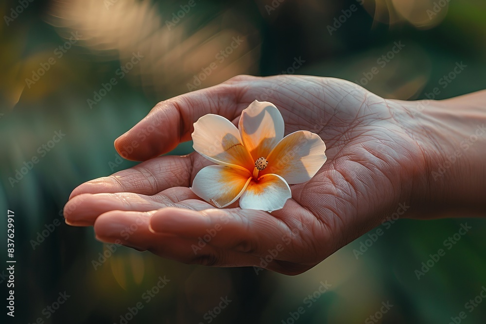 Close-up of a delicate flower resting in an outstretched hand, symbolizing nature, care, and beauty with a natural green background. Close-up of a delicate flower resting in an outstretched hand, symbolizing nature, care, and beauty with a natural green background.