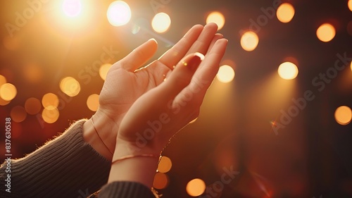 Close-up of hands held upward in a gesture of prayer or gratitude, illuminated by warm, bokeh lights in the background.