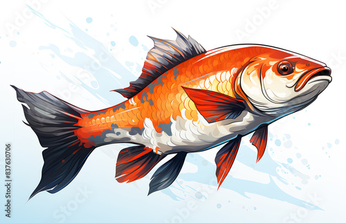 Picture draw of goldfish by watercolor and swimming blue on white background. Realistic fish animal clipart template pattern.