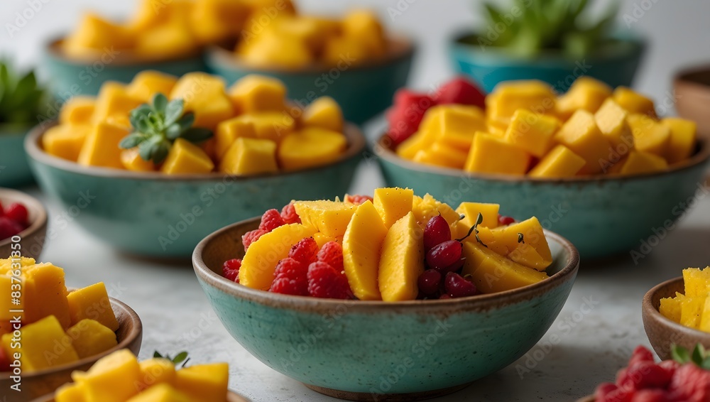 The visual feast of a bowl filled with succulent mango slices, their vibrant colors standing out against a pure white setting ai_generated The visual feast of a bowl filled with succulent mango slices, their vibrant colors standing out against a pure white setting ai_generated