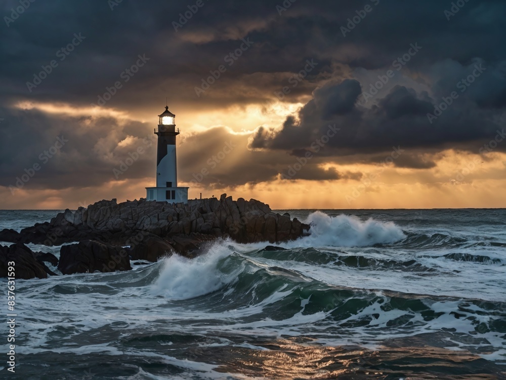 Lighthouse and waves crashing on the rocks in the monsoon season