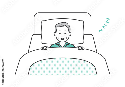 ベッドで熟睡するパジャマ姿の高齢男性のイラスト