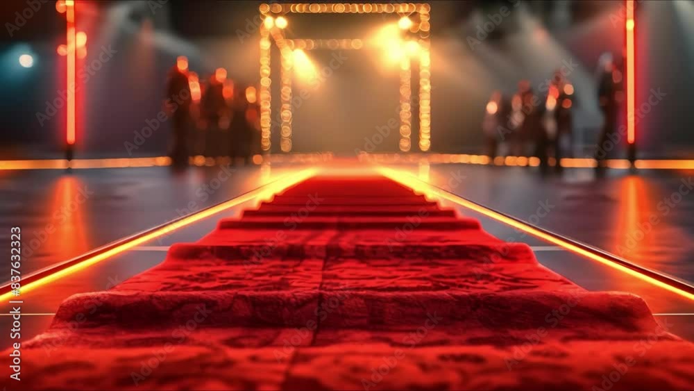 Elegant Red Carpet Scene at Movie Premiere with Paparazzi. Concept Red Carpet Glam, Movie Premiere, Paparazzi Arrival, Elegant Attire, Celebrity Status