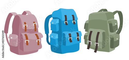 Colorful backpack vector set cute cartoon style.
