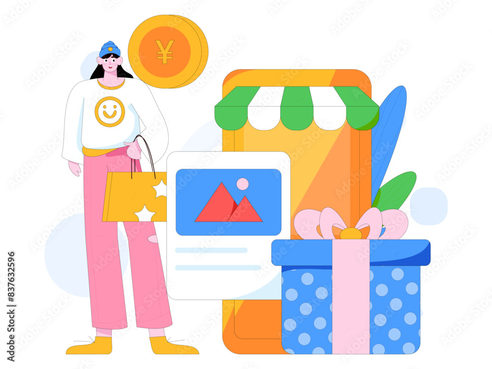 Naklejka premium Holiday shopping people doing e-commerce online shopping flat vector concept operation hand drawn illustration 
