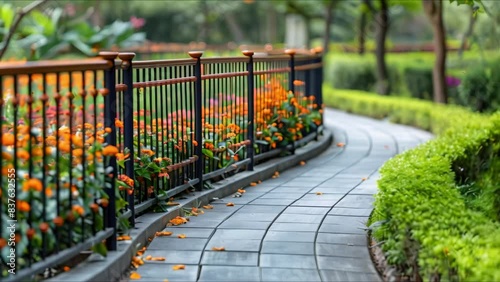 Orange wrought iron fence bordering garden. Concept Garden Design, Wrought Iron Fence, Orange Color Theme, Outdoor Decor, Landscape Border photo