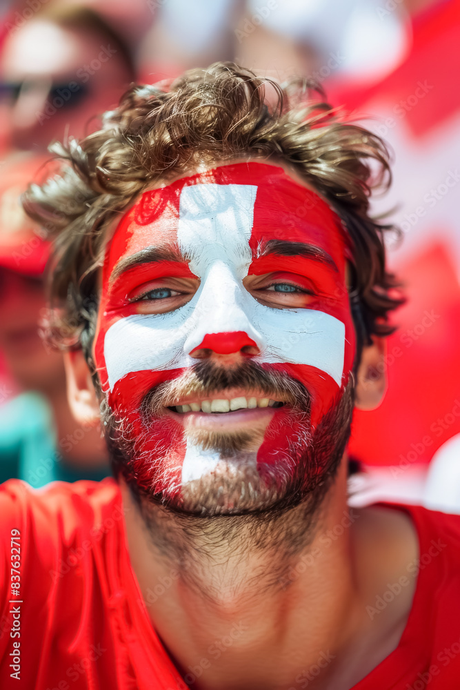 Happy Swiss male supporter with face painted in Swiss flag, Swiss male fan at a sports event Happy Swiss male supporter with face painted in Swiss flag, Swiss male fan at a sports event