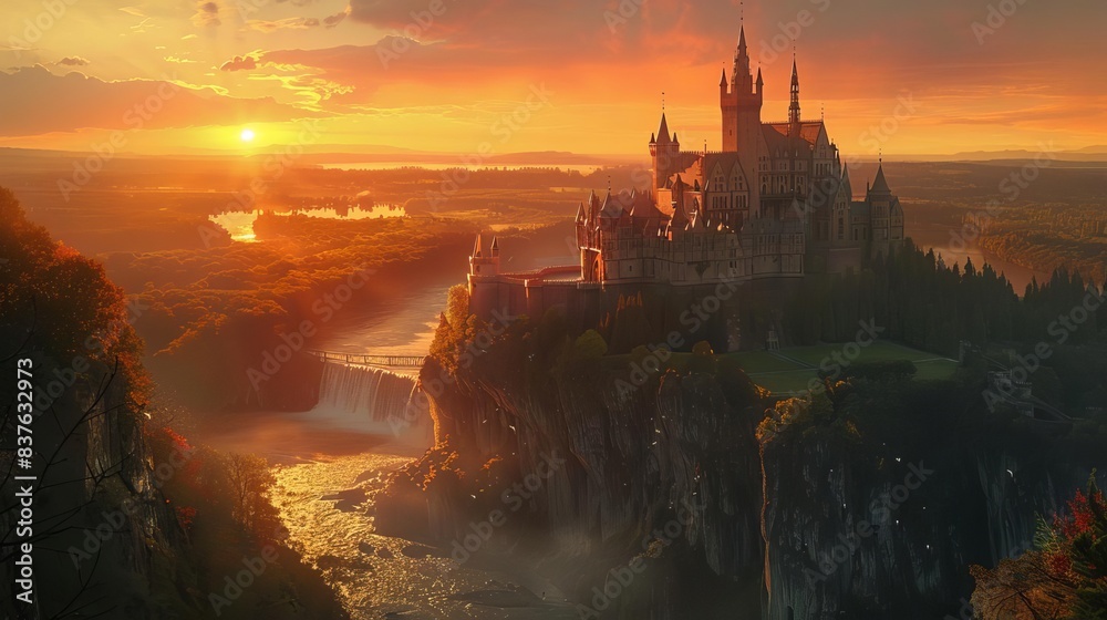 Fototapeta premium Grand castle on a cliff, overlooking a vast, enchanted landscape at sunset