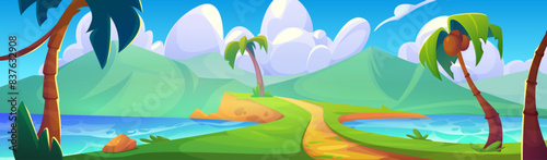 Summer island scenery with palm trees. Vector cartoon illustration of tropical land with green mountain, coconuts on palm trees, lush grass on coast, footpath on sea shore, clouds in blue sunny sky