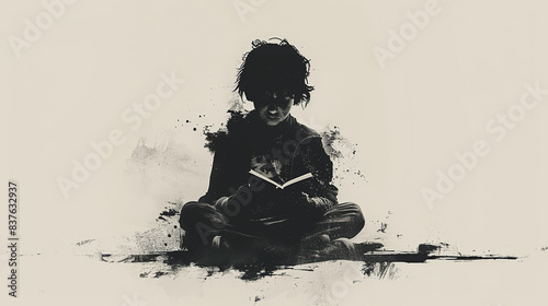 Minimalistic Poster for World Day Against Child Labour - Black and White Silhouette of Child Reading Book - Awareness Campaign Design for Print, Card, Poster