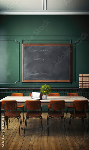 generated illustration of empty classroom with many wooden chairs