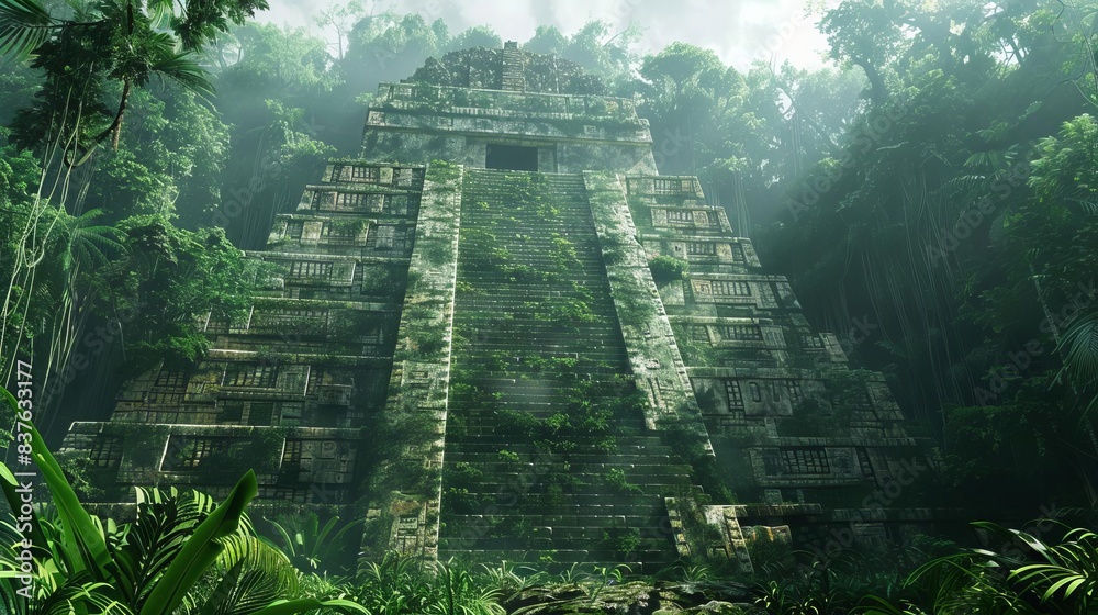 Obraz premium Majestic Mayan pyramid surrounded by dense jungle and ancient carvings