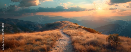 Winding Mountain Trail at Sunset Offering Breathtaking Panoramic Views and Inviting Peaceful