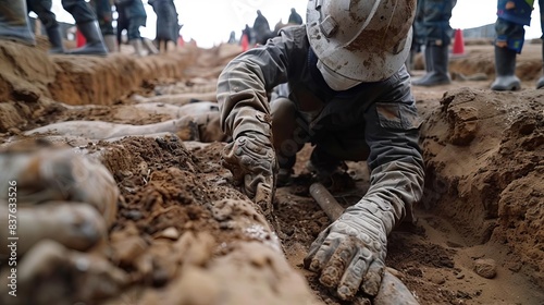 Terracotta Army being unearthed by archaeologists, revealing hidden secrets