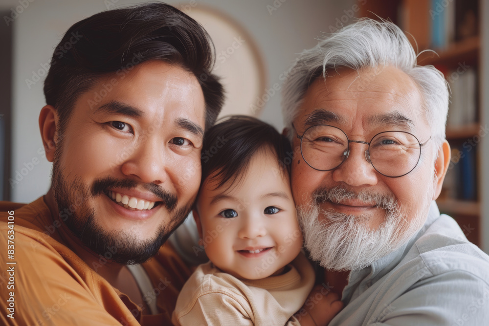 Happy Asian family of three, the dad with a beard is holding his one-year-old son in the middle who smiling happily at the camera, an older grandpa on the right side with grey hair.... Happy Asian family of three, the dad with a beard is holding his one-year-old son in the middle who smiling happily at the camera, an older grandpa on the right side with grey hair....