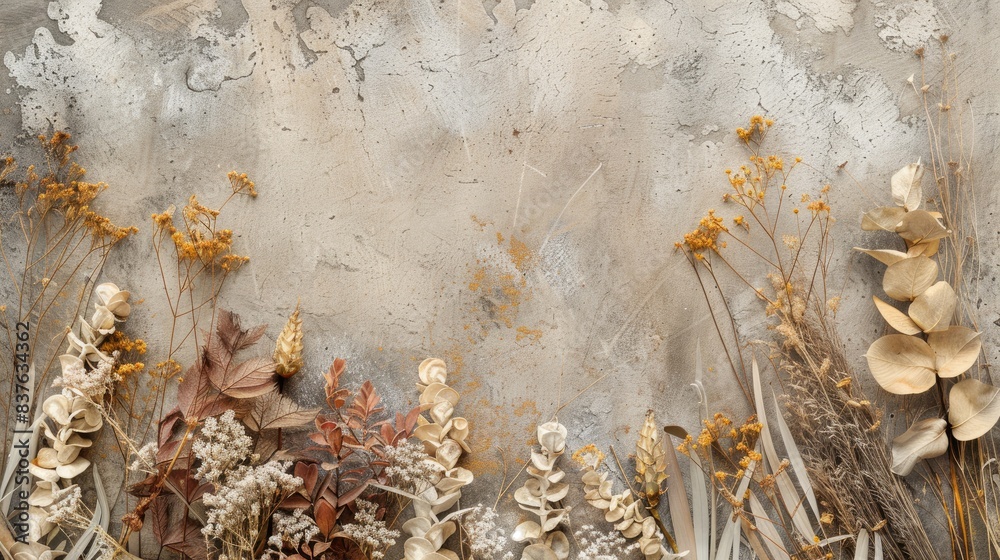 Obraz premium Serene Botanical Composition with Dried Leaves and Flowers on Textured Background