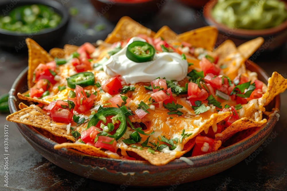 Nachos - Loaded nachos with cheese, jalapenos, sour cream, and guacamole. Nachos - Loaded nachos with cheese, jalapenos, sour cream, and guacamole.