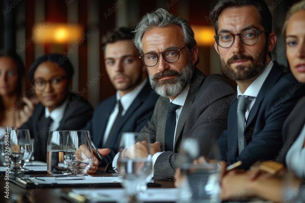 A diverse group of business professionals in a serious discussion during a board meeting, seated around a conference table in a modern office. A diverse group of business professionals in a serious discussion during a board meeting, seated around a conference table in a modern office.
