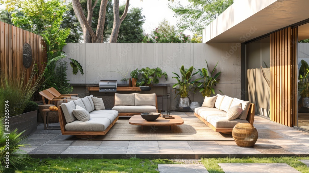 Fototapeta premium Modern patio with stylish furniture, natural light, outdoor living