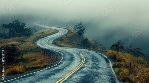 The Path Less Traveled: Capture an image of a winding road disappearing into the distance, symbolizing the journey of life and the choices we make along the way. photo