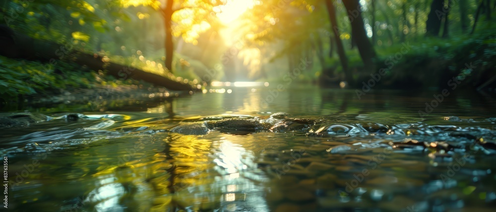 Peaceful river with reflections, calm and serene, natural beauty, copy space Peaceful river with reflections, calm and serene, natural beauty, copy space