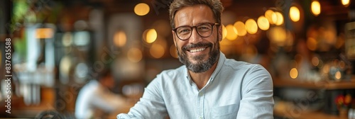 Cheerful man with glasses smiling warmly in a cozy, well-lit cafe setting. Friendly atmosphere with warm lighting and a relaxed ambiance. photo