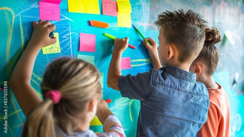 Kids actively engaging in drawing on a creative board with colorful sticky notes and a vibrant ambiance