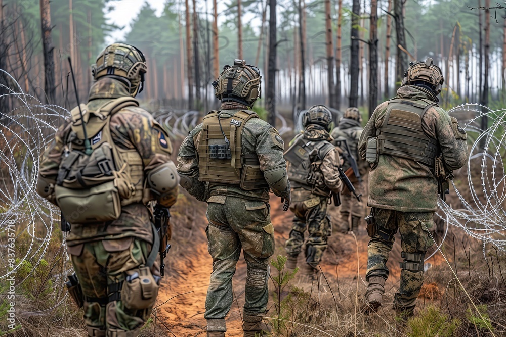 Soldiers wearing tactical gear and helmets patrolling a forest. Barbed ...