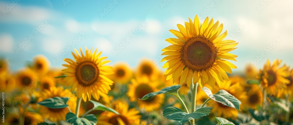 Fototapeta premium Field of sunflowers with blue sky, cheerful and bright, summer vibes, copy space