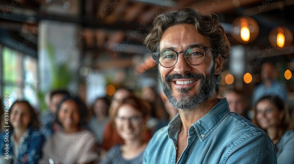 Confident man with glasses smiling at camera, group setting in background. Candid, cheerful atmosphere in a modern, warmly-lit space. Confident man with glasses smiling at camera, group setting in background. Candid, cheerful atmosphere in a modern, warmly-lit space.