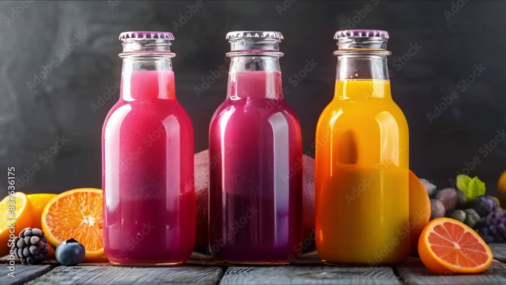 Assorted fresh fruit juices in four glass bottles on a neutral background. Concept Fruit Juices, Glass Bottles, Fresh, Assorted, Neutral Background Assorted fresh fruit juices in four glass bottles on a neutral background. Concept Fruit Juices, Glass Bottles, Fresh, Assorted, Neutral Background