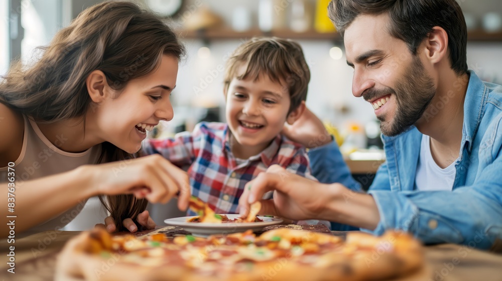Family consisting of parents and child enjoy a cheese-topped pizza together in a bright home environment Family consisting of parents and child enjoy a cheese-topped pizza together in a bright home environment