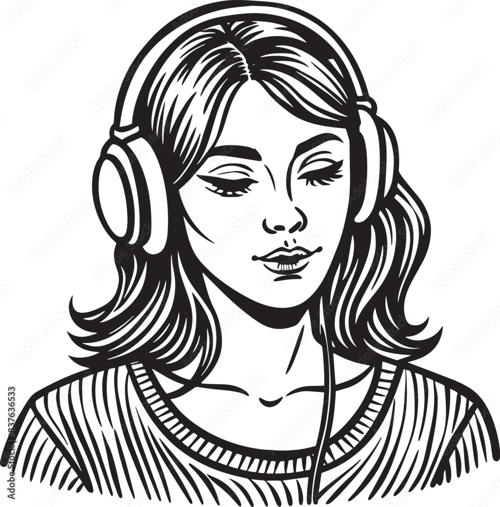 woman with headphones illustration black and white woman with headphones illustration black and white